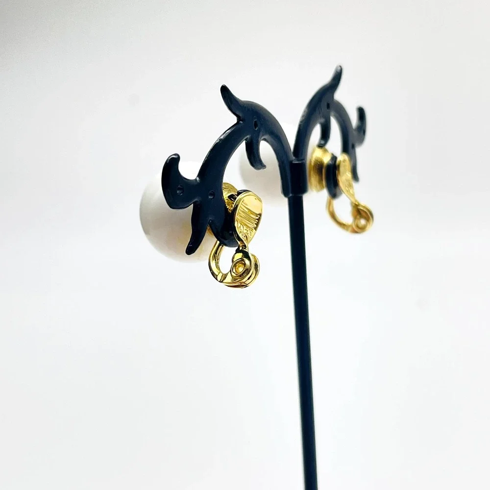 Signed Monet Earrings White Bead Clip On Gold Tone Vintage Classic Costume